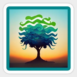 Solitary stylized tree at sunset with green and blue leaves. Sticker